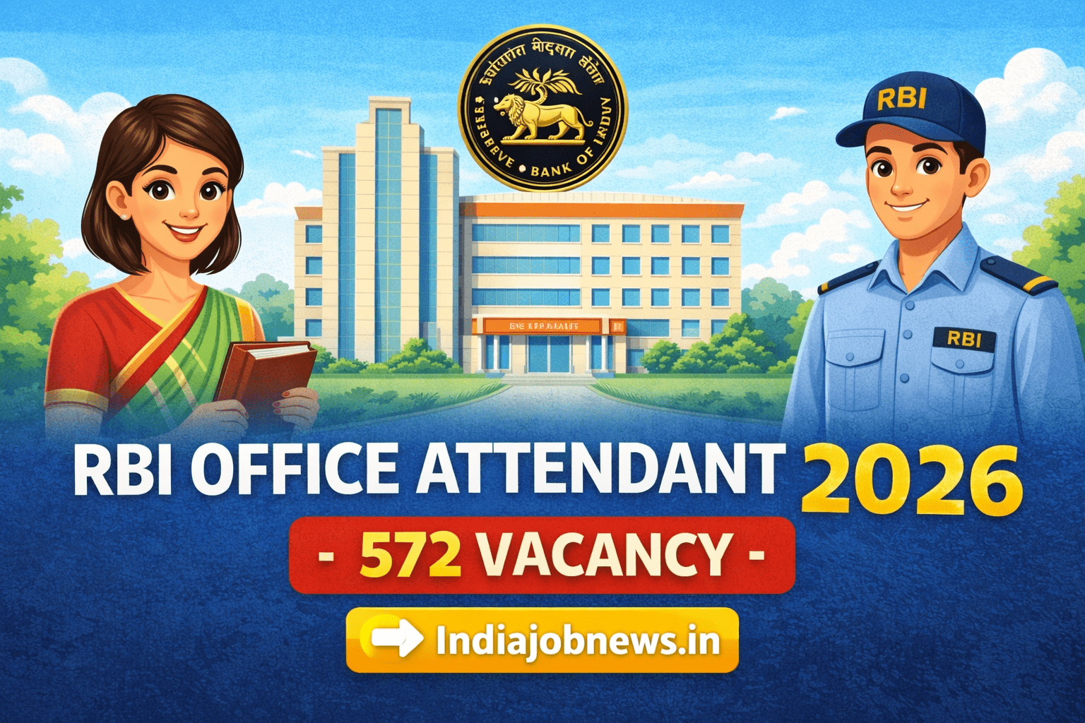 RBI Office Attendant Recruitment 2026 thumbnail showing 572 vacancy with RBI building and Indiajobnews.in link